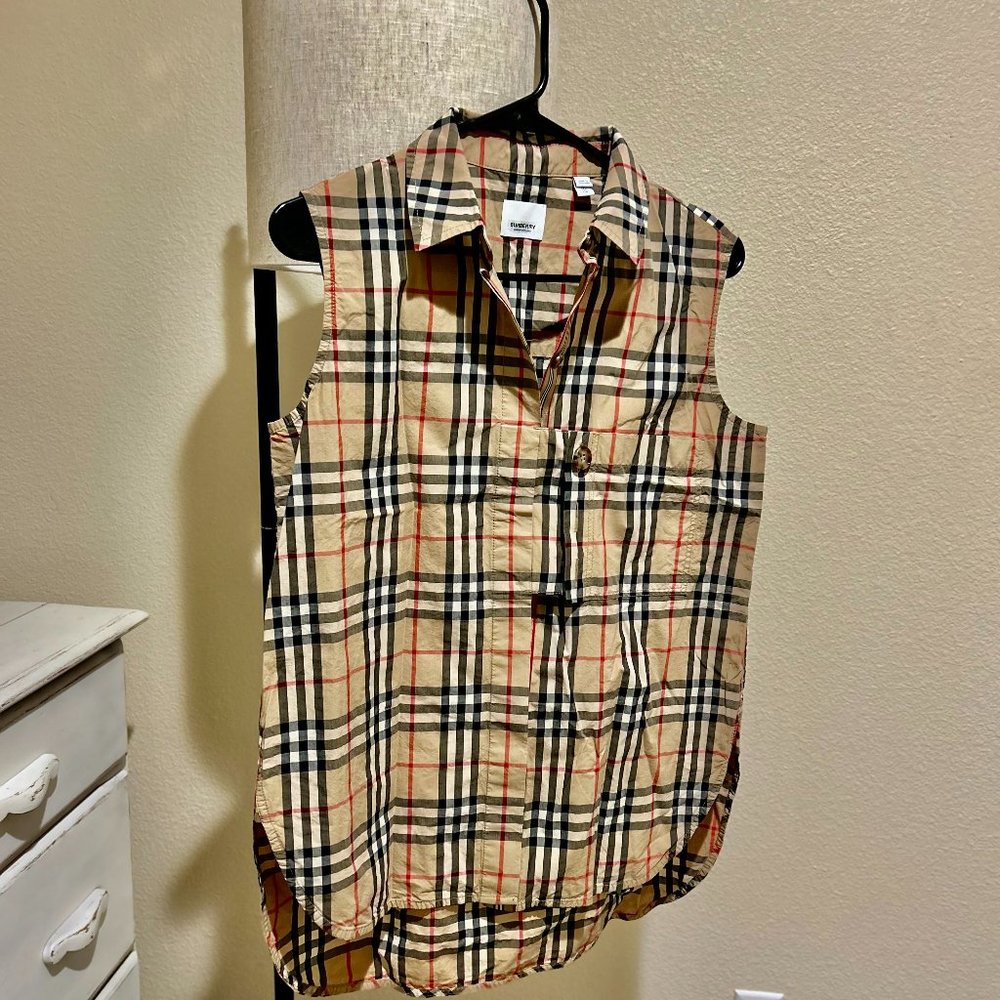 Burberry Check Plaid Sleeveless Cotton poplin Shirt